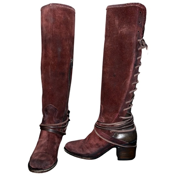 |•FREEBIRD BY STEVEN•| 'Coal' Distressed Burgundy Suede Full Lace Up Back Boots - Picture 2 of 12